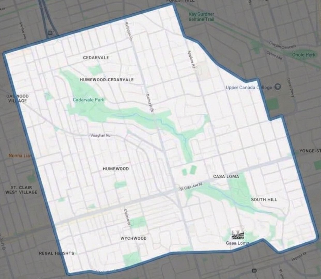 Map of the service area, a boundary drawn around Casa Loma, Cedarvale, Forest Hill, Humewood and Wychwood in midtown Toronto