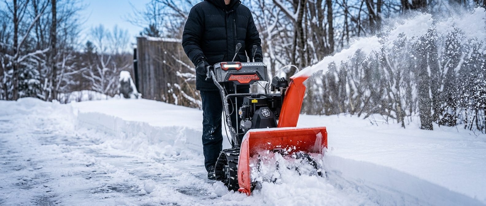 A crew member running a snow blower along a cleared residential driveway